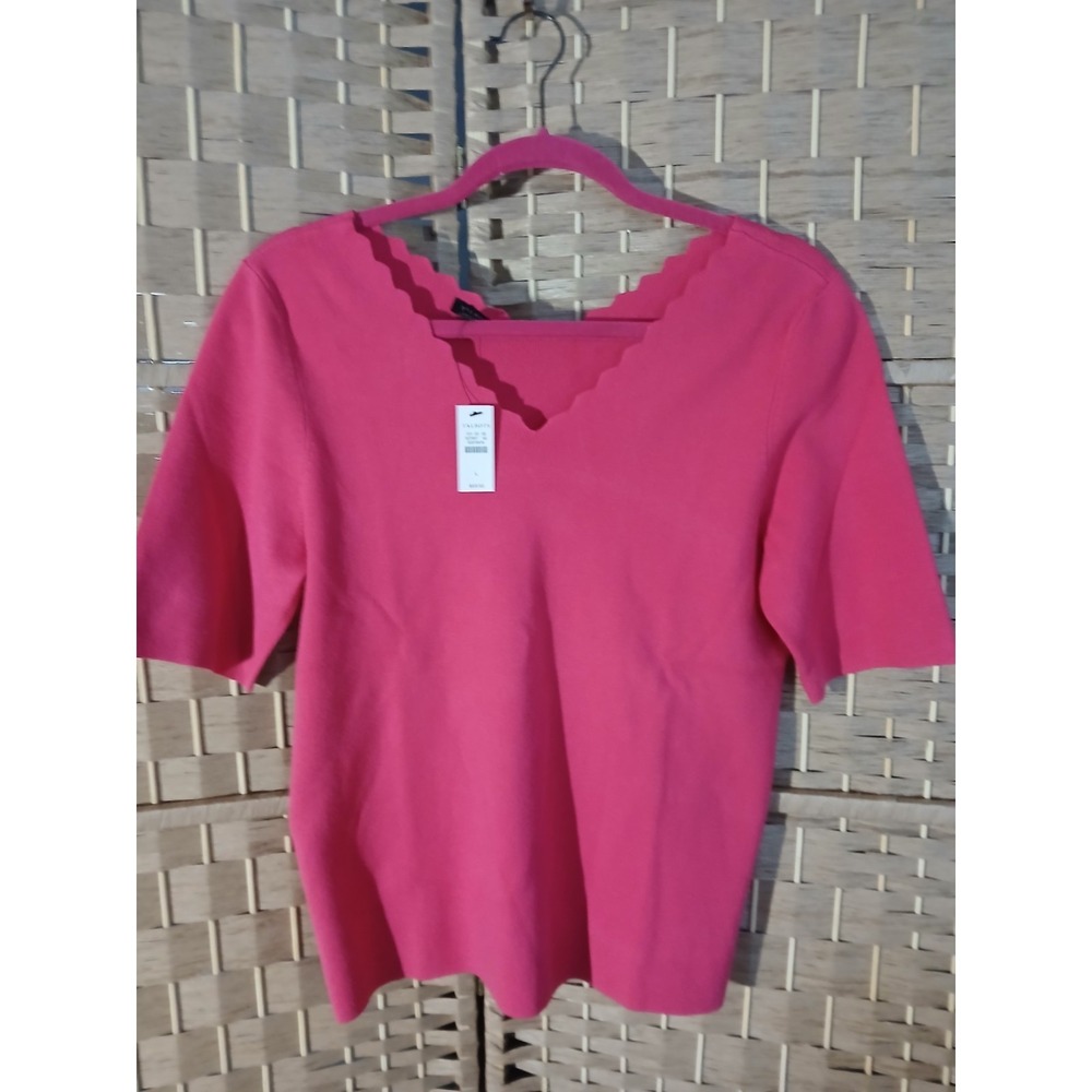 NWT Talbots Women's Scalloped V-neck Short Sleeve Top In Hot Pink Sz L Stretchy
